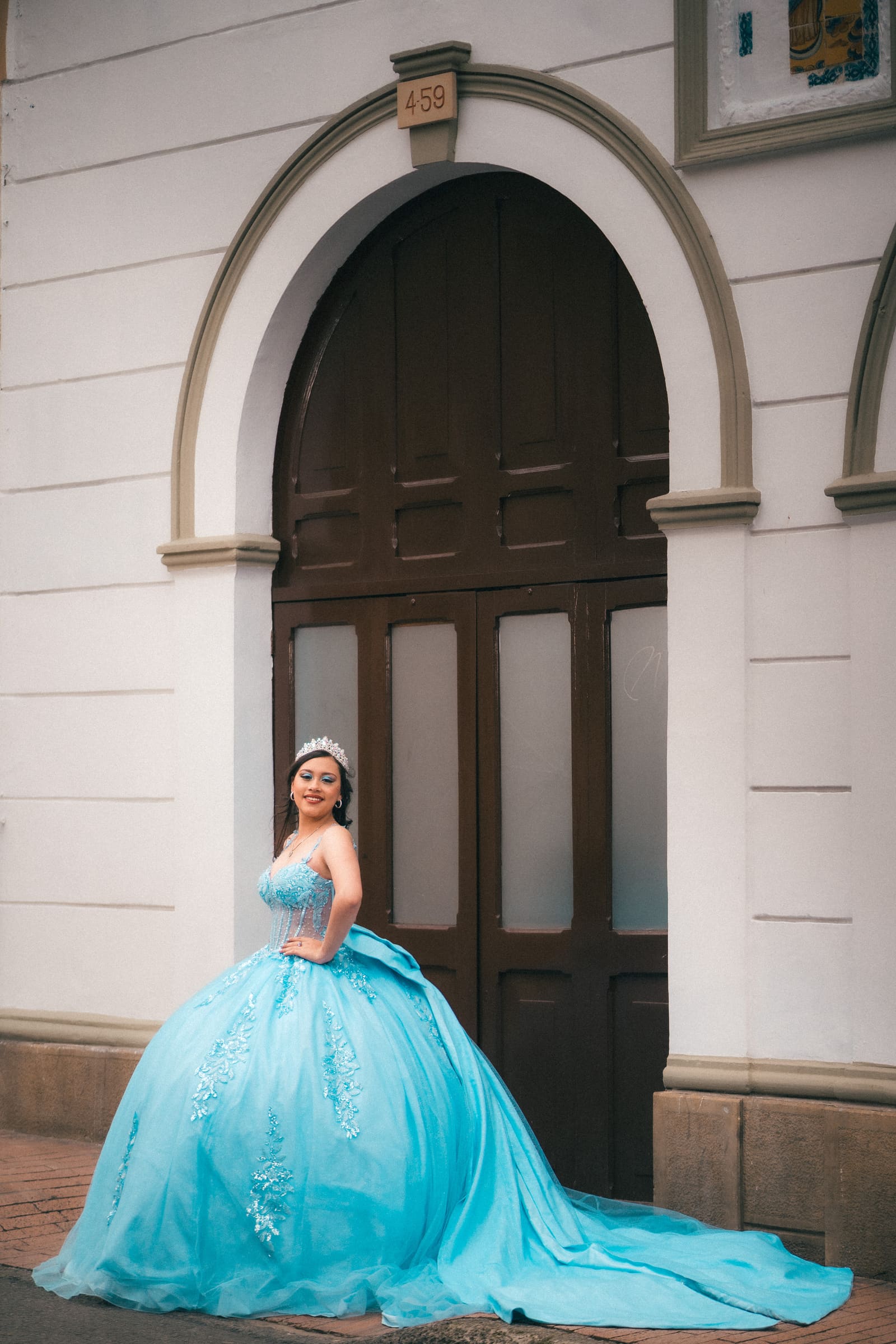 Detalle del vestido azul bebé de Mariana